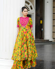 Yellow Ginger Flower Yoke Anarkali Set (Set Of 4)