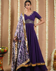 Dark Purple Georgette Anarkali Set (Set Of 3)