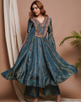 Blue Red Tissue Silk Anarkali Suit Set (Set Of 3)