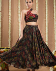 Black Printed Drape Top And Skirt Set (Set Of 2