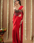 Hot Red Corset Draped Saree (Set Of 2)