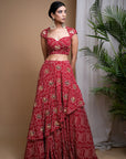 Red Bandhani Digital Print Indo Lehenga Set (Set Of 2)