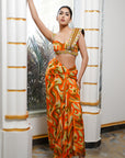 Orange Multicolor Abstract Drape Skirt Set (Set Of 2)