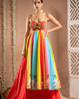 Red Horse Print Anarkali Suit Set (Set Of 3)