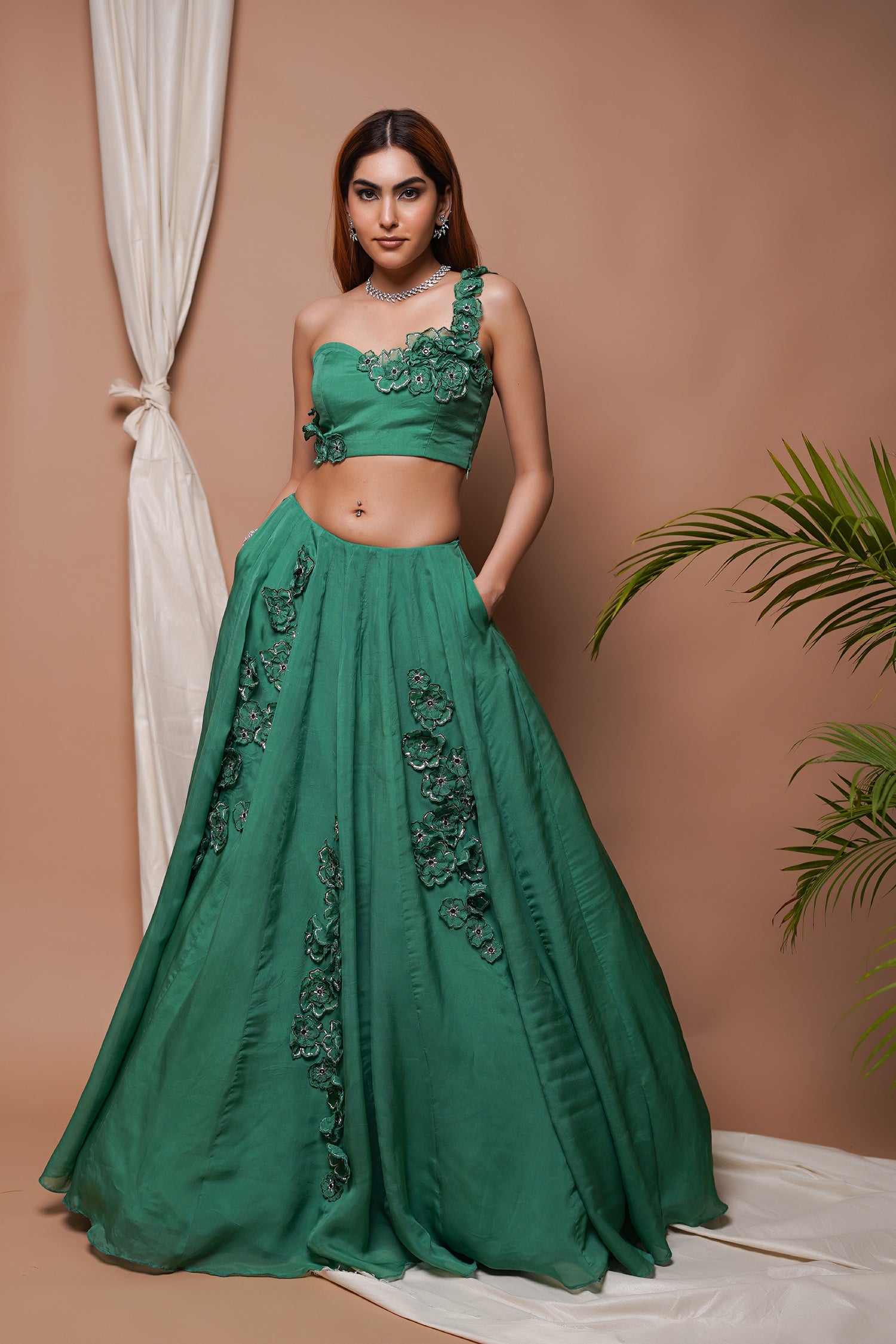 Bright Green 3-D Organza Indo Lehenga Set (Set Of 2)