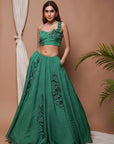 Bright Green 3-D Organza Indo Lehenga Set (Set Of 2)