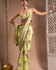 Elephant Print Green Purple Pre-Drape Saree (Set Of 2)