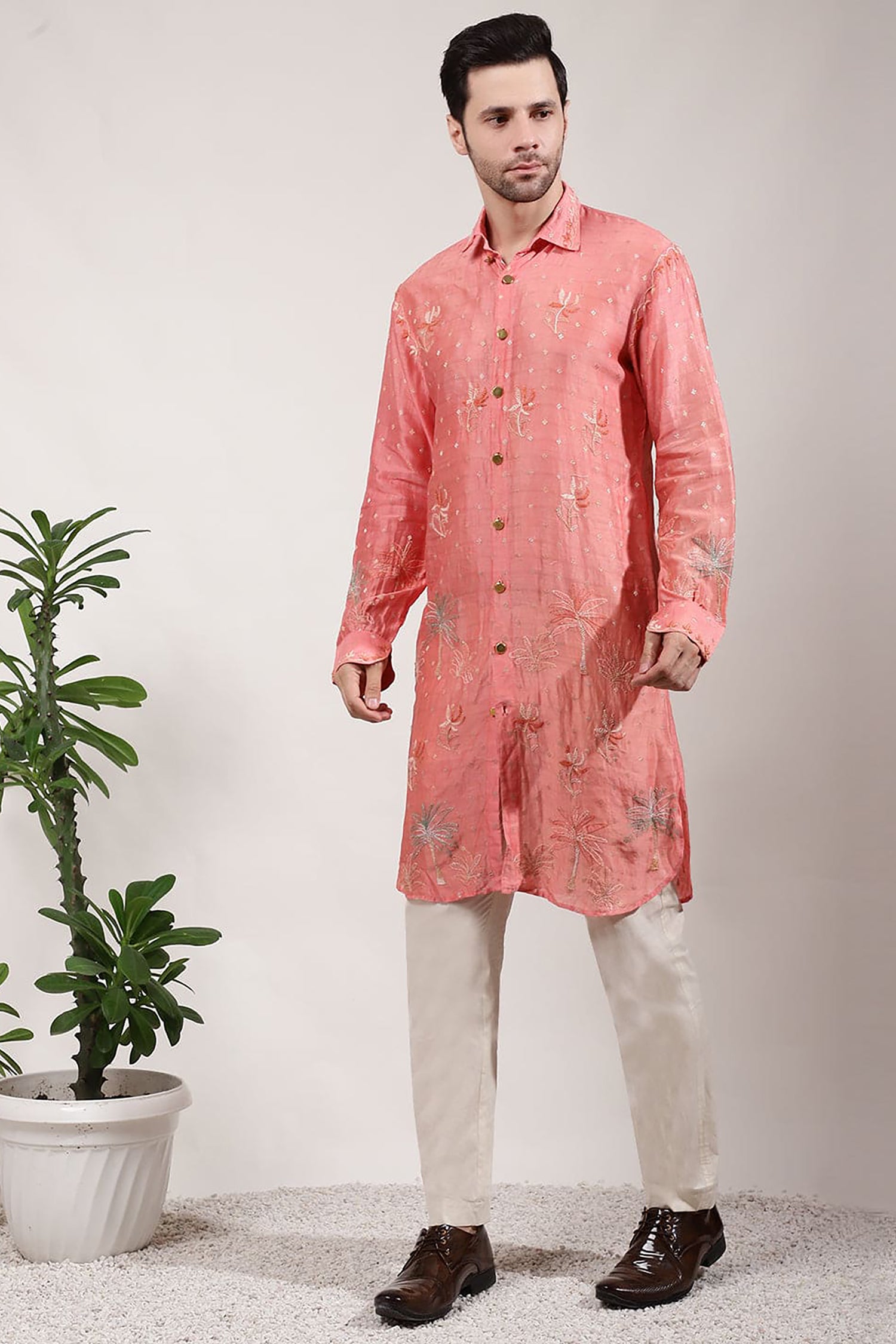 ChikanKari Silk Kurta Set - Orange