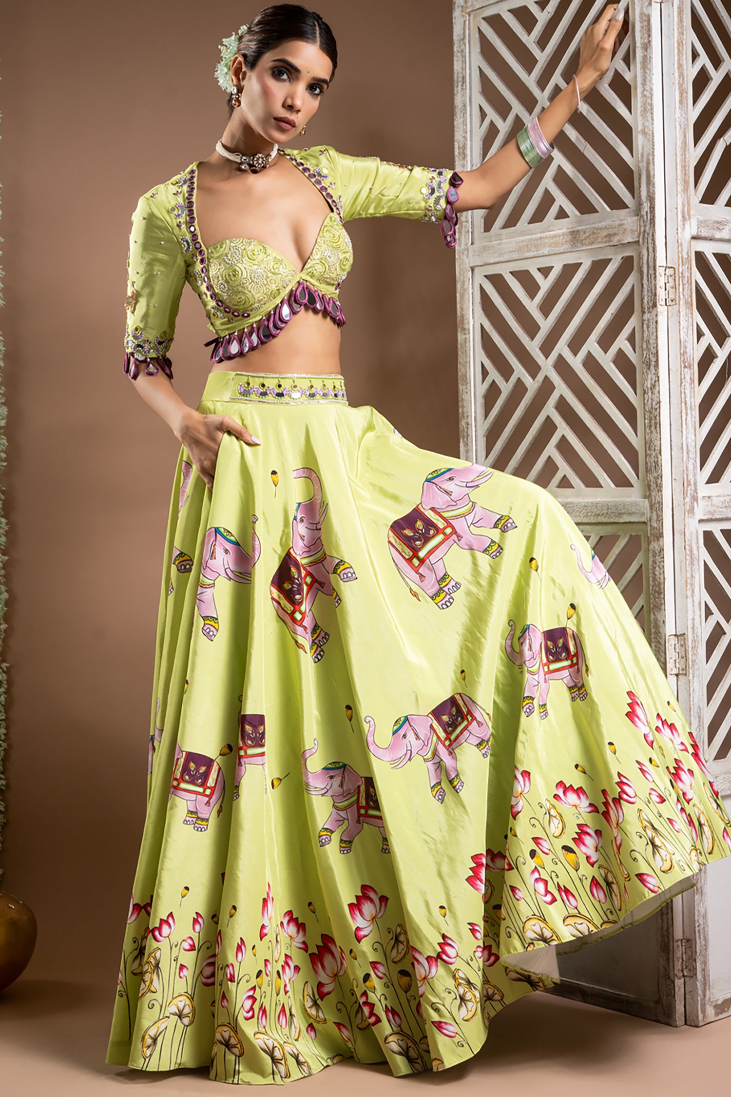 Elephant Print Green And Purple Heavy Lehenga Set (Set Of 3)