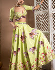 Elephant Print Green And Purple Heavy Lehenga Set (Set Of 3)
