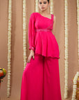 Hot Pink Georgette Short A-Line Kurti With Belt (Set Of 3)