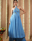 Blue Georgette Halter Neck Anarkali Set (Set Of 3)