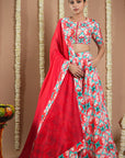 Red Tile Printed Heavy Lehenga Set (Set Of 3)