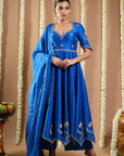 Royal Blue Silk Cutwork Anarkali Set (Set Of 3)
