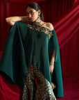 Divine Embroidered Cape with Brocade Sharara Pants - Emerald Green
