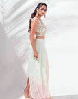 Mint Green Crepe and Organza Drape Skirt Set with Ruffle Dupatta