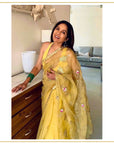 Yellow Hand Embroidered Gota Patti Jaal Saree Set