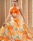Forest Orange Printed Corset Drape Indo Lehenga Set (Set Of 2)