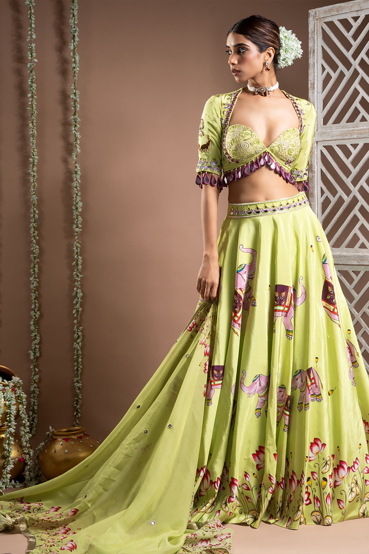 Elephant Print Green And Purple Heavy Lehenga Set (Set Of 3)