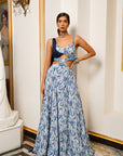 White And Blue Paisley Long Indo Lehenga Dress (Set Of 1)