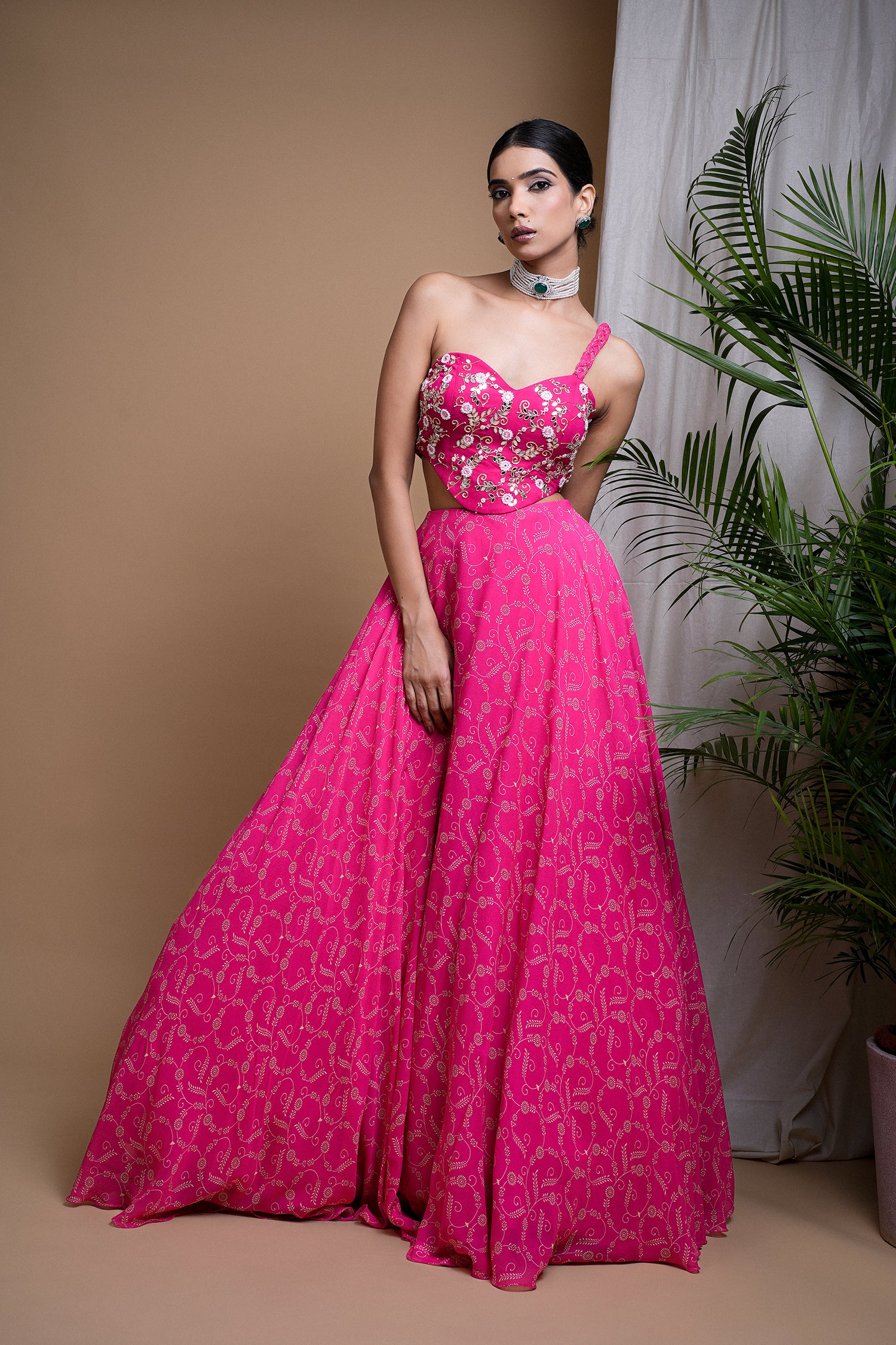 Hot Pink Digital Print Indo Lehenga Set (Set Of 2)