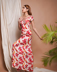 Cream Abstract Off Shoulder Corset Drape Dress