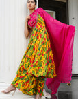 Yellow Ginger Flower Yoke Anarkali Set (Set Of 4)
