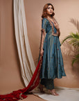 Blue Red Tissue Silk Anarkali Suit Set (Set Of 3)