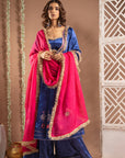 Royal Blue Velvet Anarkali Suit Set (Set Of 4)