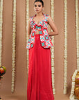 Red Tile Printed Coat And Drape Skirt Set (Set Of 2)