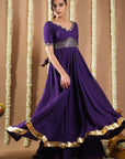 Dark Purple Georgette Anarkali Set (Set Of 3)