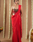 Hot Red Corset Draped Saree (Set Of 2)