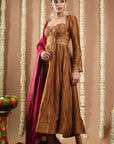 Antique Golden Silk Anarkali Set (Set Of 3)