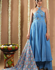 Blue Georgette Halter Neck Anarkali Set (Set Of 3)