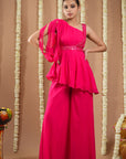 Hot Pink Georgette Short A-Line Kurti With Belt (Set Of 3)