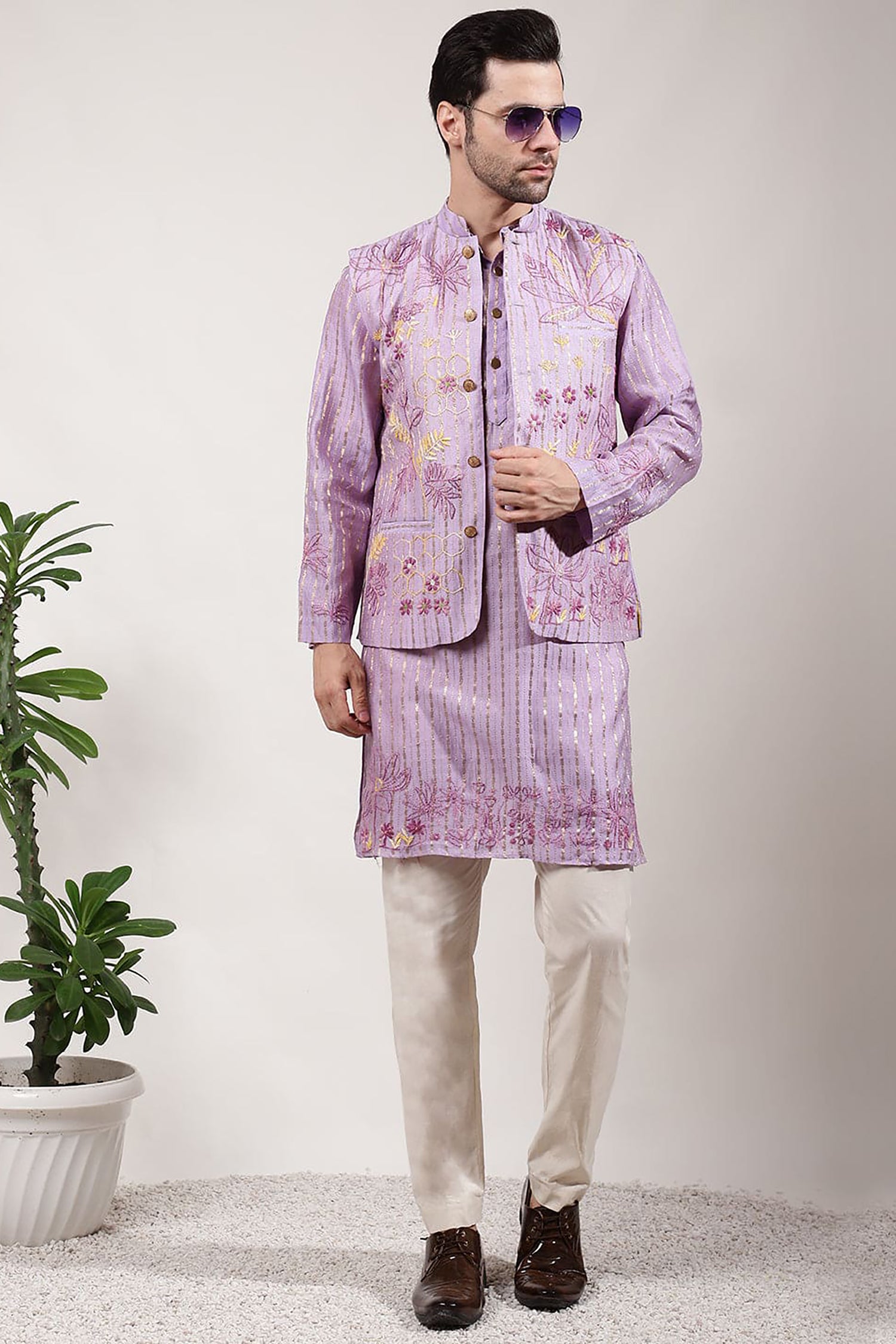 ChikanKari Silk Kurta Set - Light Purple