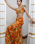 Orange Multicolor Abstract Drape Skirt Set (Set Of 2)