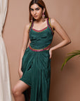 Bottle Green Backless Drape Skirt Set (Set Of 2)