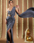 Grey Ruched Pre Draped Saree (Set Of 2)