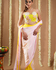 Yellow / Pink Flower Applique Pre Draped Saree (Set Of 2)
