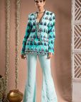 Blue Ombre Printed Coat Pant Set (Set Of 2)