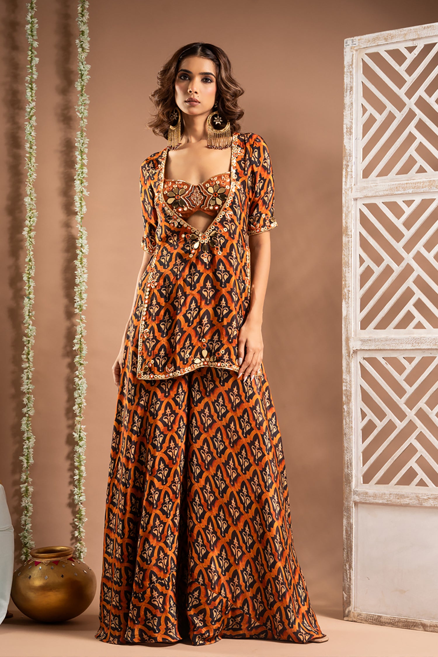 Black Rust Printed Indo-Kurta Set (Set Of 3)