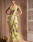 Elephant Print Green Purple Pre-Drape Saree (Set Of 2)