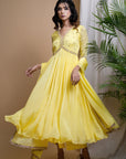 Yellow Chiffon Anarkali Set (Set Of 3)