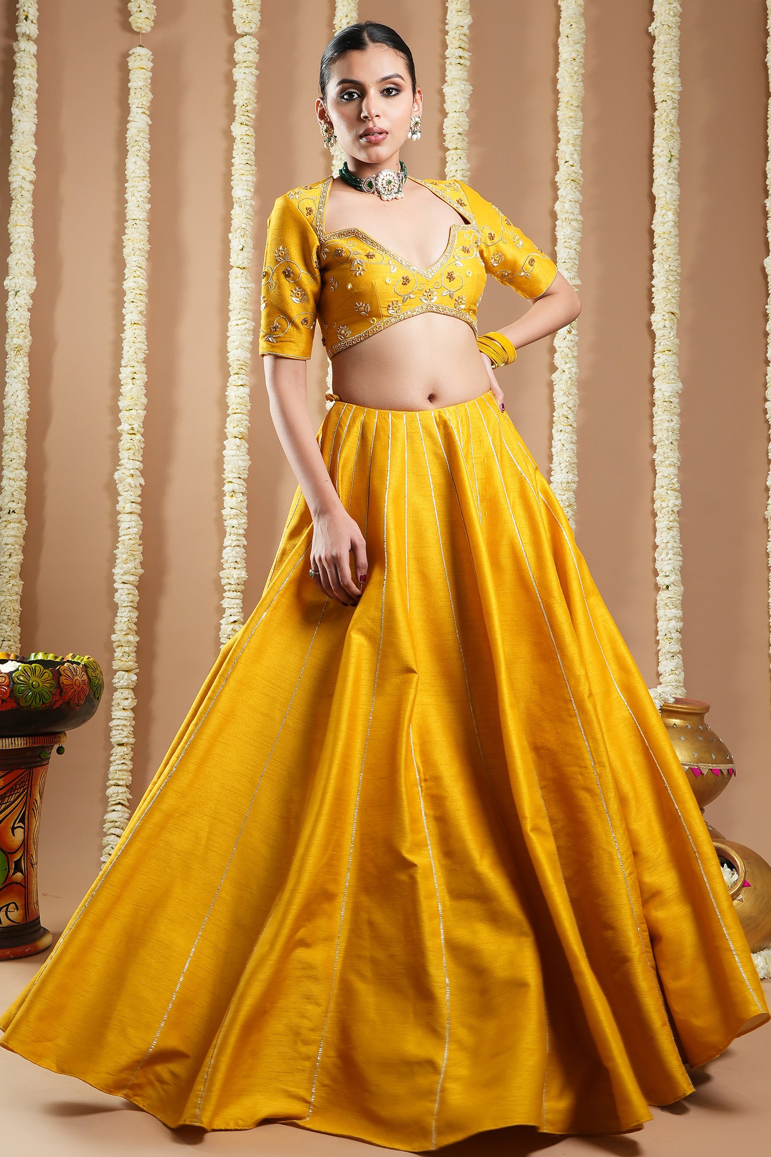 Mustard Yellow Heavy Slub Silk Lehenga Set (Set Of 3)