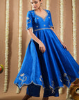 Royal Blue Silk Cutwork Anarkali Set (Set Of 3)