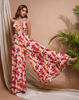 Cream Abstract Printed V-Neck Jumpsuit