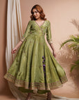 Green Purple Tissue Silk Angrakha Anarkali Set (Set Of 3)