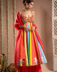 Red Horse Print Anarkali Suit Set (Set Of 3)