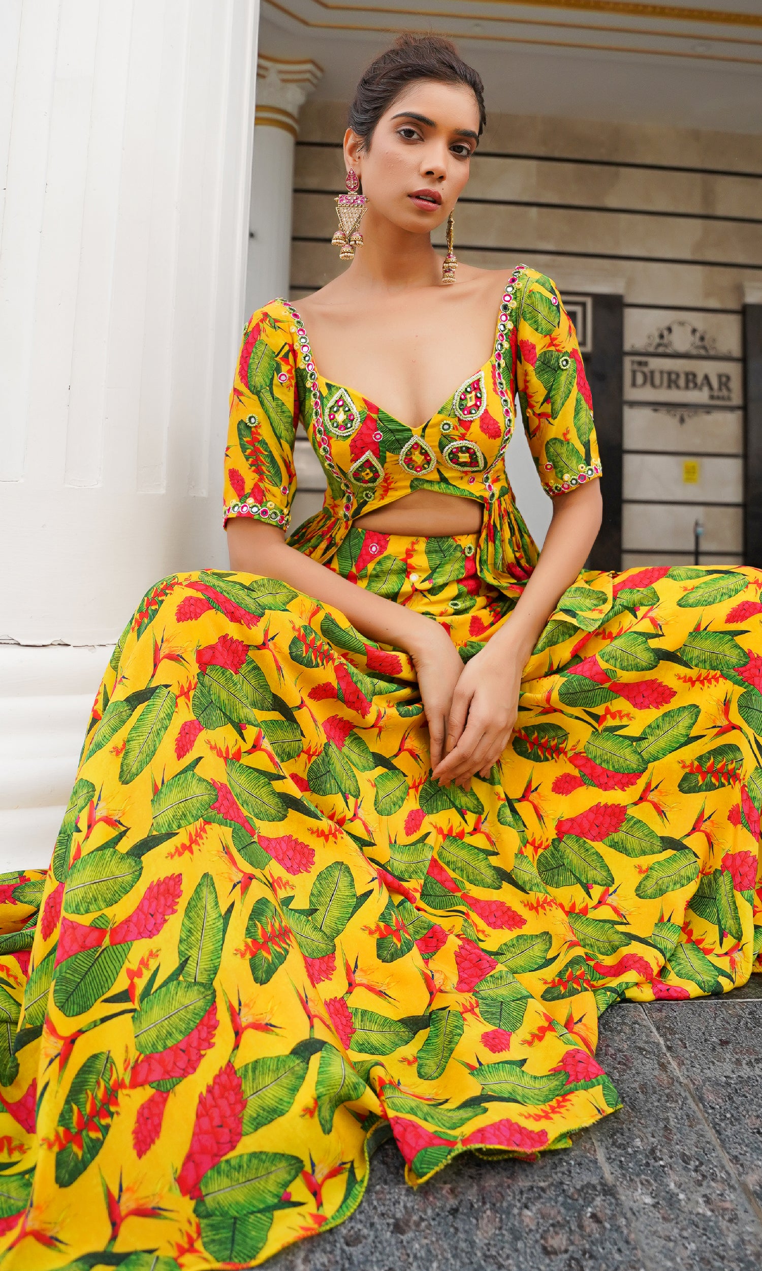 Yellow Ginger Flower Peplum Lehenga (Set Of 2)